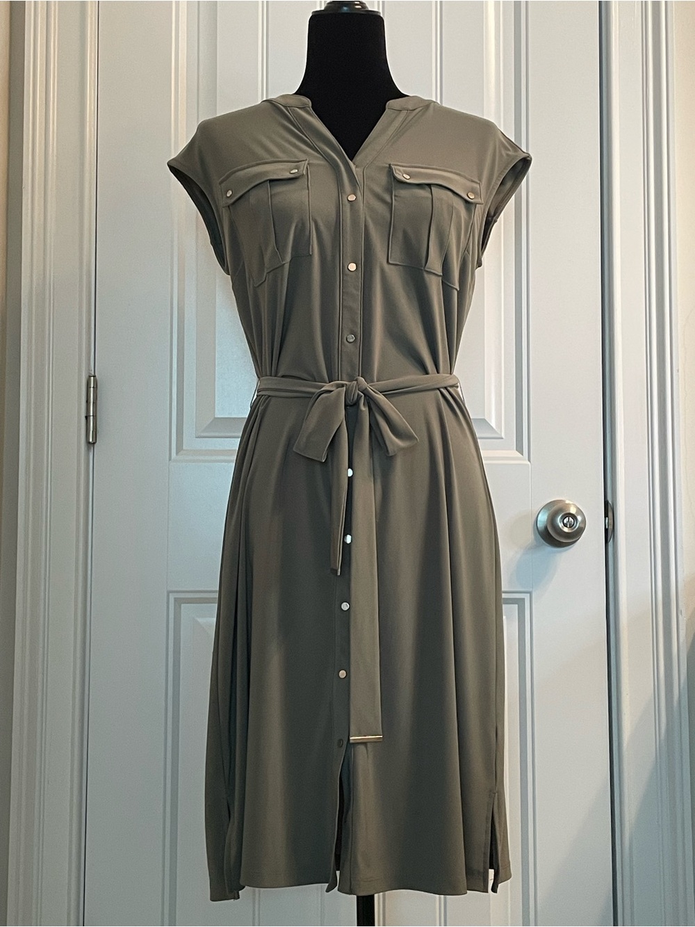WHBM Olive Green Tie-Waist Shirt Dress